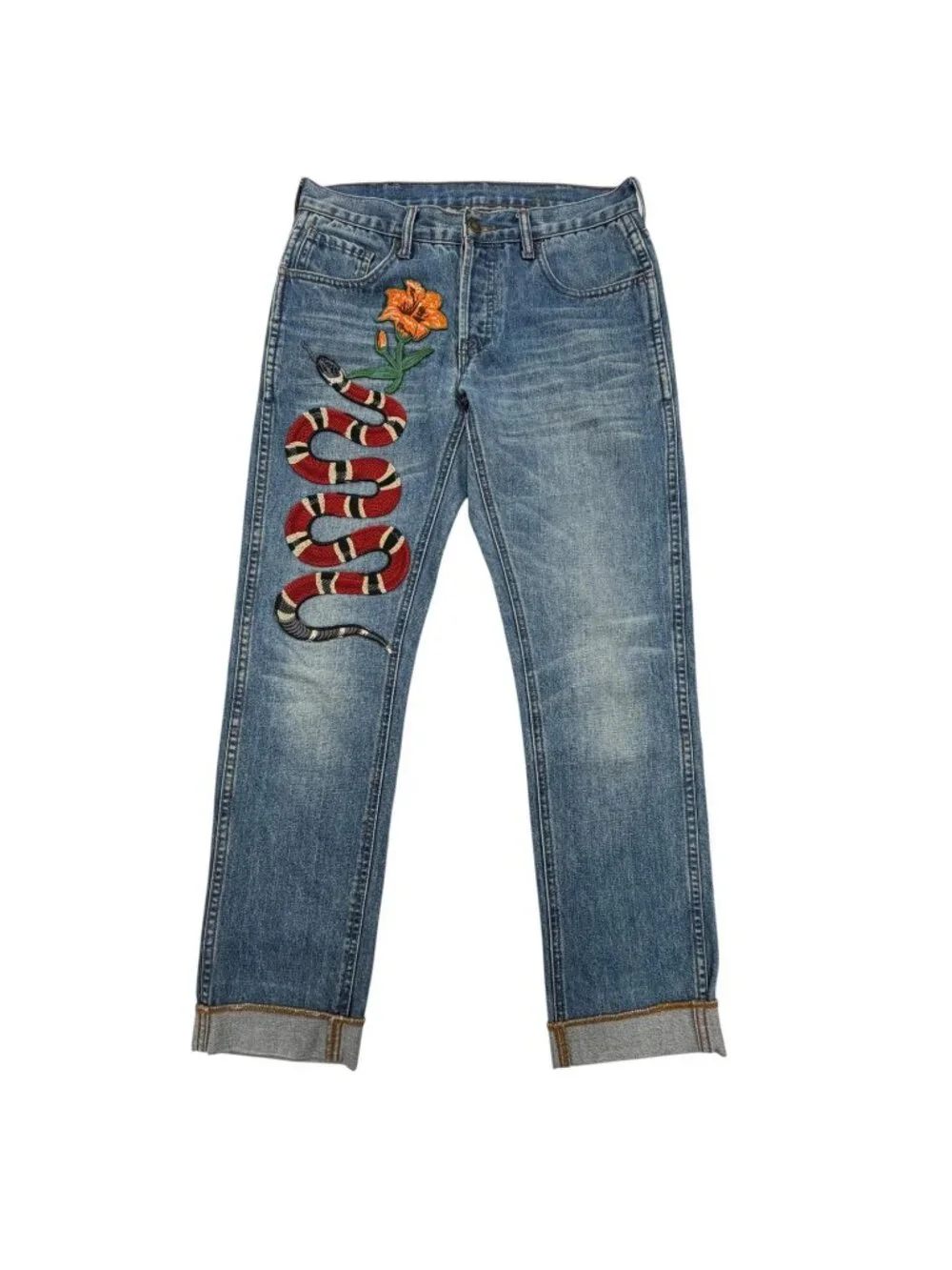 Gucci Logo Leather Patch Snake Embroidery Button Fly Denim Pants Blue 30